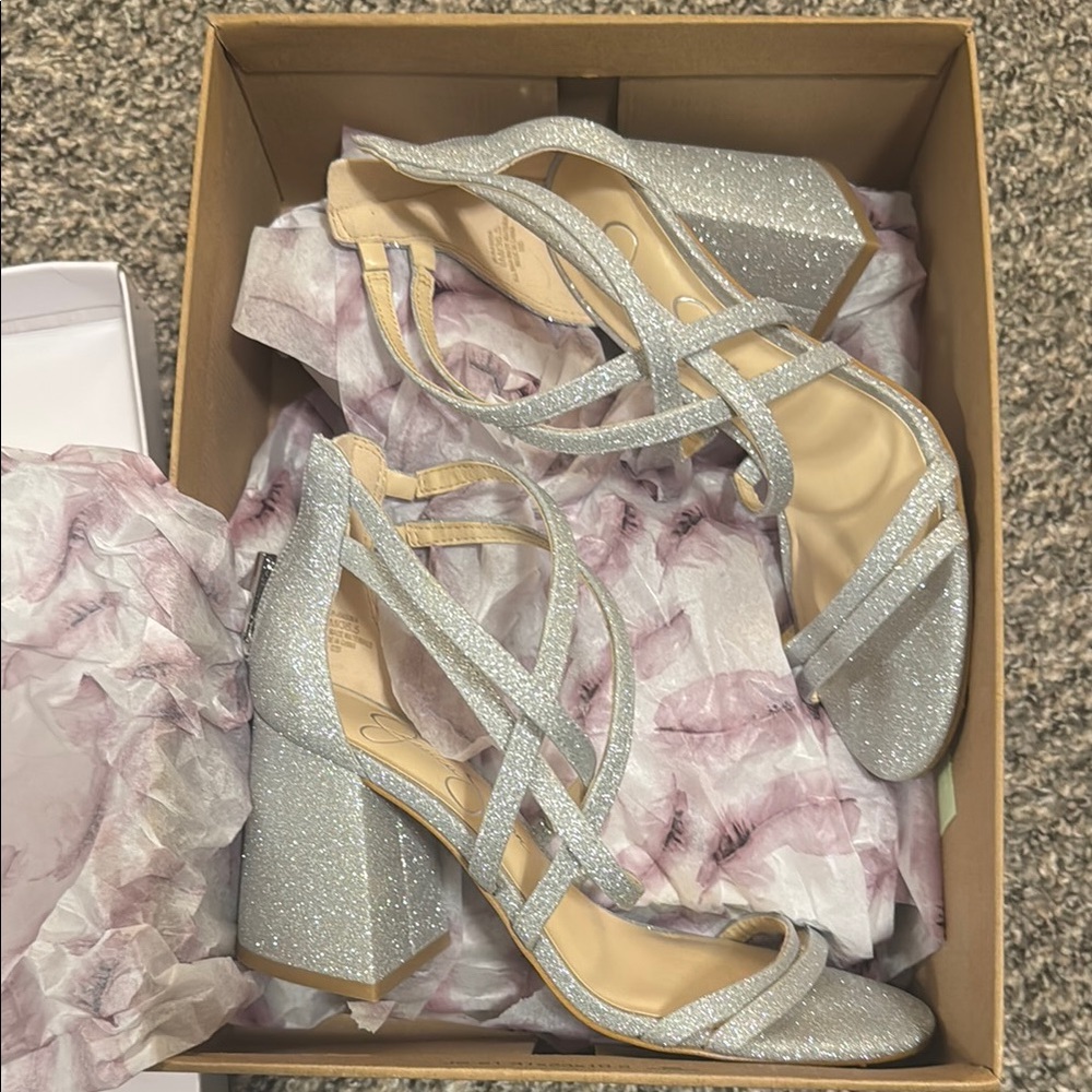 Jessica Simpson silver glittery strapped block heel